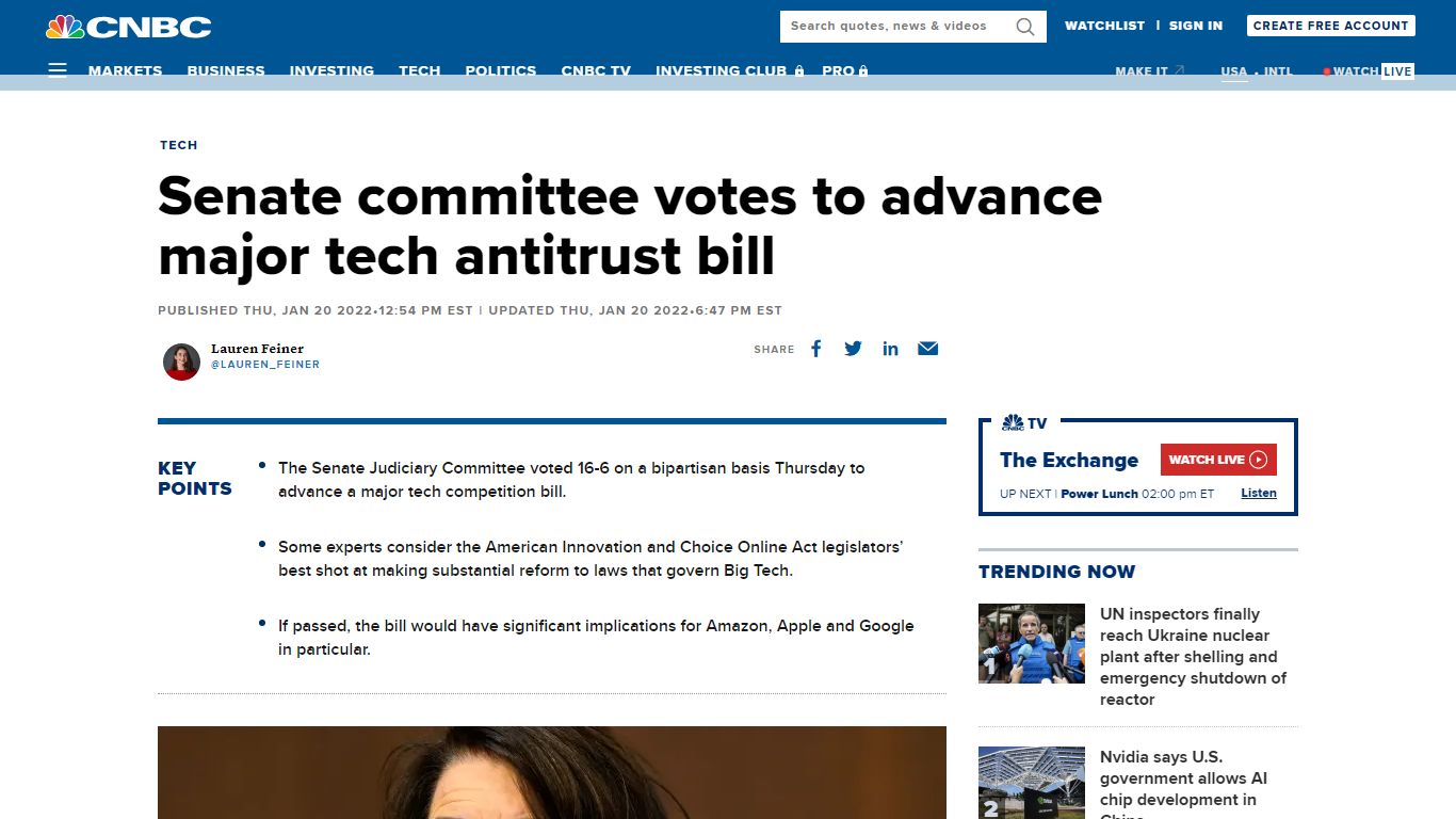 Senate committee votes to advance major tech antitrust bill - CNBC