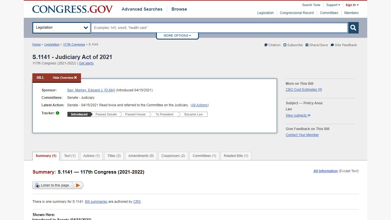 S.1141 - Judiciary Act of 2021 117th Congress (2021-2022)